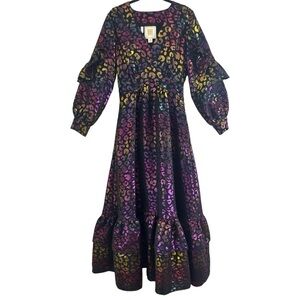 Emily McCarthy Metallic Multi Color Leopard Print Ruffle Maxi Dress Size: Small